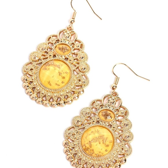 Fabulous Gold & Yellow Stone Statement Dangle Earrings - Picture 2 of 2